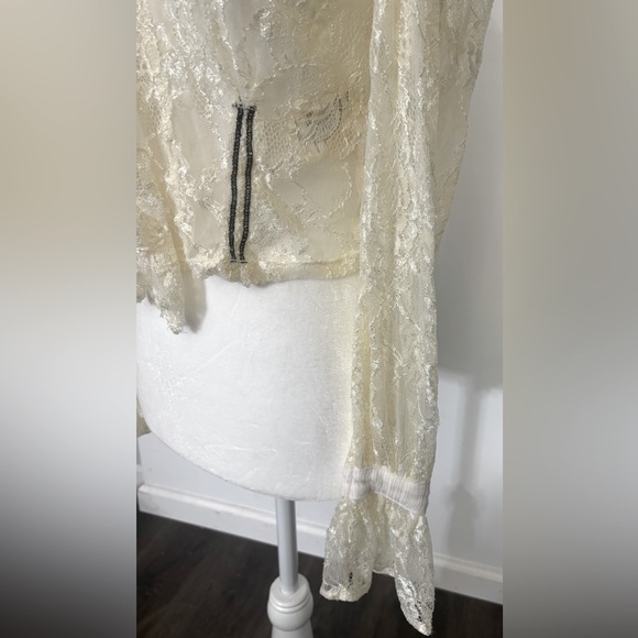 Free People soft stretchy Ivory lace & black button crop top collared blouse XS - Picture 12 of 14